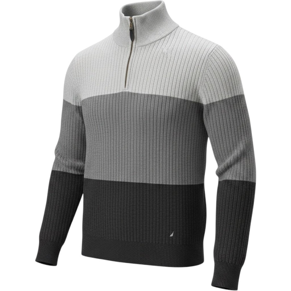 Nautica Mens Performance Cotton Quarter Zip Ribbed Sweater Grey Colorblock M